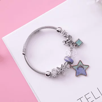 五芒星方晶×固定式串珠手環×藍綠