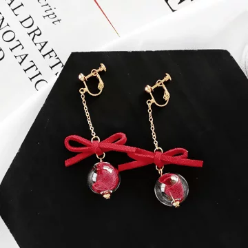蝴蝶結琉璃氣泡×螺旋耳夾×大紅