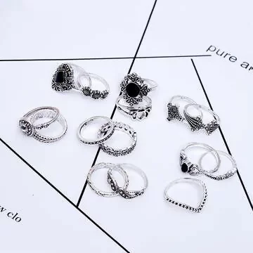 鏤空蓮花向日葵黑晶白鑽×十五套件戒指組