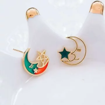 漸層色彎月小星星×不對稱吊墜耳環