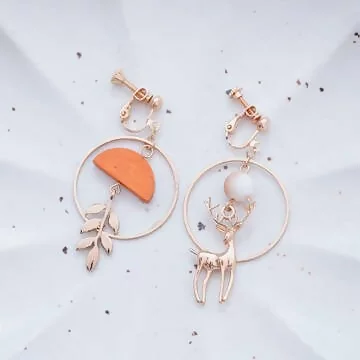 小鹿樹葉圓環木片×不對稱螺旋耳夾