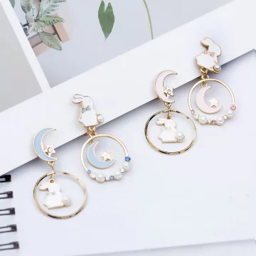 小兔彎月星空圓環&times;不對稱三角耳夾&times;共二色