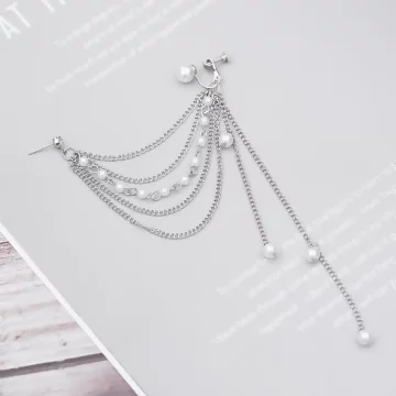 好多層垂墜流蘇珍珠水鑽×單邊耳骨吊墜耳環
