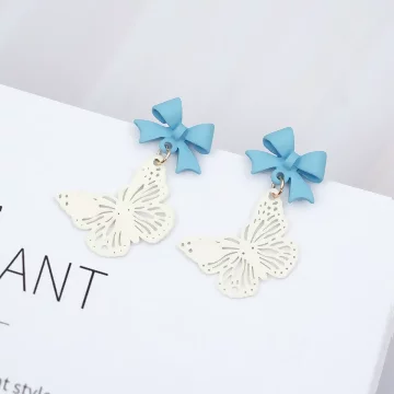 藍領結鏤空白蝴蝶×吊墜耳環