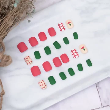 紅配綠格子小花霧面×穿戴式手指甲片×二十四入