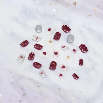 紅玫瑰愛心銀蔥亮面×穿戴式手指甲片×二十四入