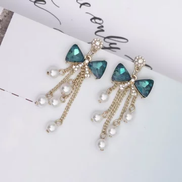 藍晶領結珍珠流蘇簾&times;吊墜耳環