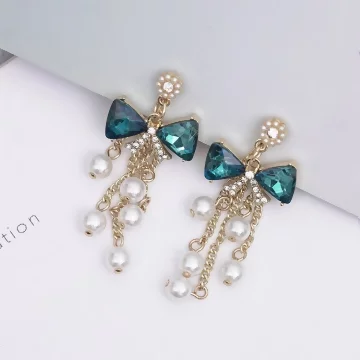 藍晶領結珍珠流蘇簾&times;螺旋耳夾