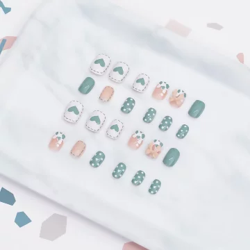 綠心蝴蝶結牛奶紋亮面&times;穿戴式手指甲片&times;二十四入
