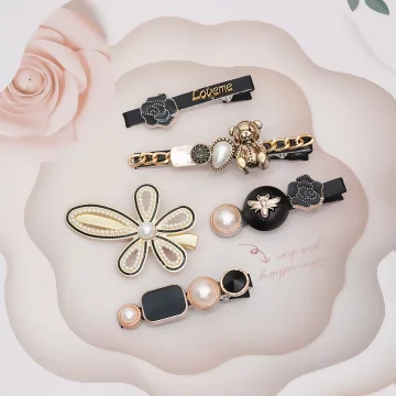 小熊黑玫瑰花朵×五套件髮夾組