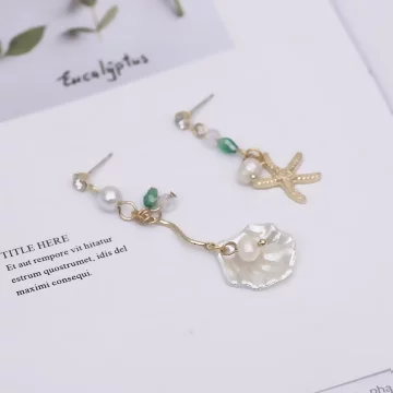 海洋風海星貝殼&times;不對稱吊墜耳環