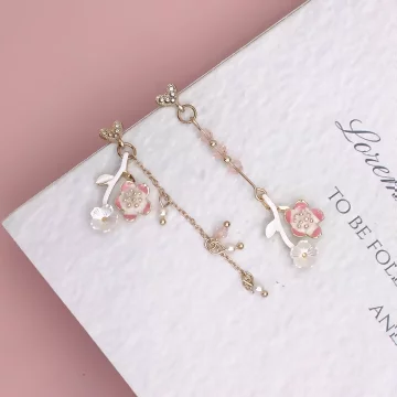 長款粉櫻桃花流蘇&times;不對稱吊墜耳環