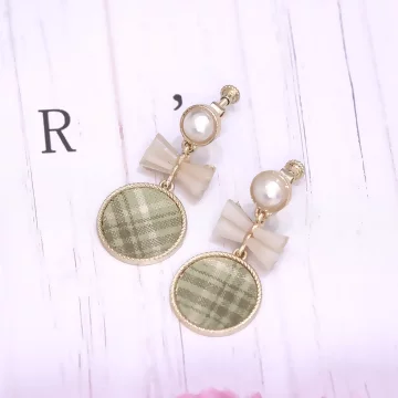 白綠格圓環領結&times;螺旋耳夾