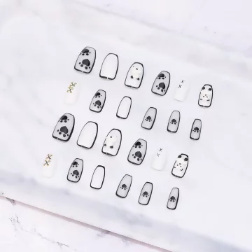 黑白小熊綁帶亮面×穿戴式手指甲片×二十四入