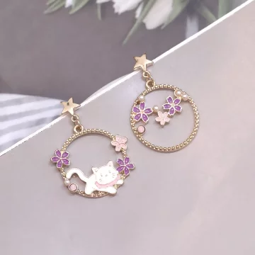 紫丁花小貓咪&times;不對稱吊墜耳環