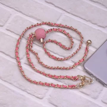 小香風鍊條皮革×手機斜背雙勾掛繩×粉紅