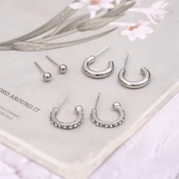 銀色C字圓珠×三套件耳環組