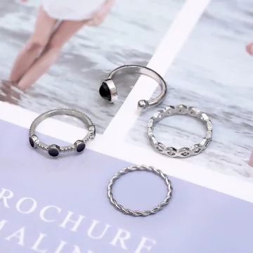 銀黑圓珠幾何&times;四套件戒指組