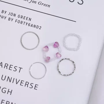 愛心小串珠&times;五套件戒指組&times;桃粉