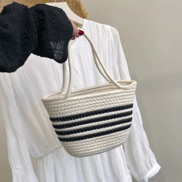 黑線條棉繩編×手提袋×白色