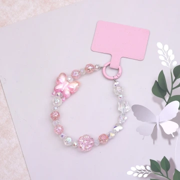 冰透蝴蝶小花×手機腕帶掛繩×粉紅