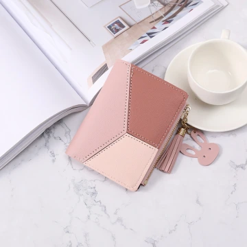 撞色拼接皮革×對折拉鍊短皮夾×粉紅