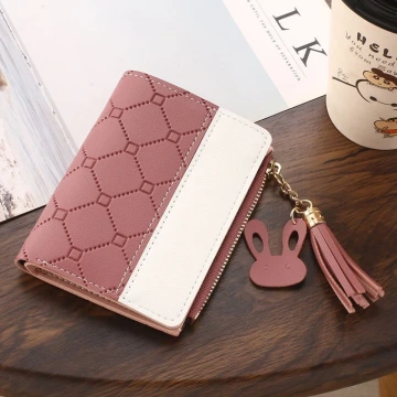 菱紋壓線&times;對折拉鍊短皮夾&times;紅色