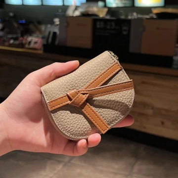 禮物綁帶荔枝紋皮革×風琴卡夾×駝灰