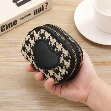 愛心千鳥紋×雙層拉鍊零錢包×黑色