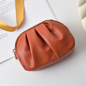 單色荔枝紋抓皺×雙層拉鍊零錢包×橘咖