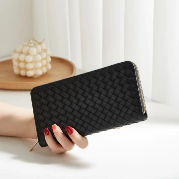 大編紋格紋×拉鍊長皮夾×黑色