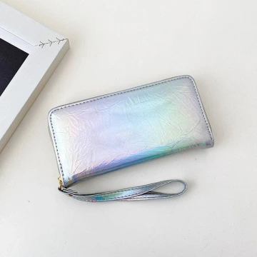 爆裂紋亮面×手拿拉鍊長皮夾×銀色
