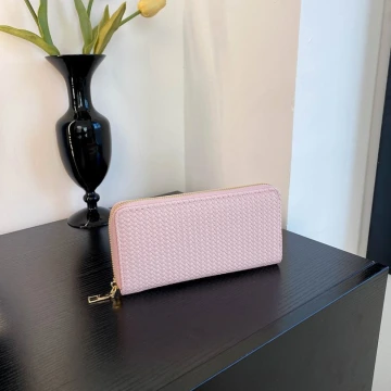 細編交織紋×拉鍊長皮夾×粉紅