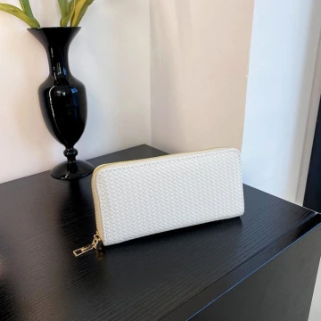 細編交織紋×拉鍊長皮夾×白色