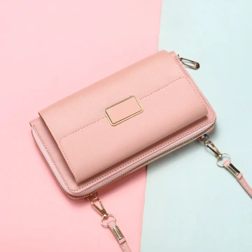 雙層口袋皮革×可斜背×手機拉鍊長皮夾×粉紅