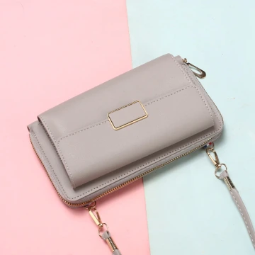 雙層口袋皮革×可斜背×手機拉鍊長皮夾×灰色