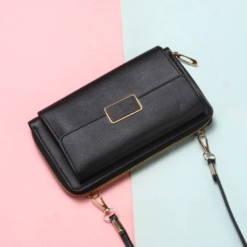 雙層口袋皮革&times;可斜背&times;手機拉鍊長皮夾&times;黑色