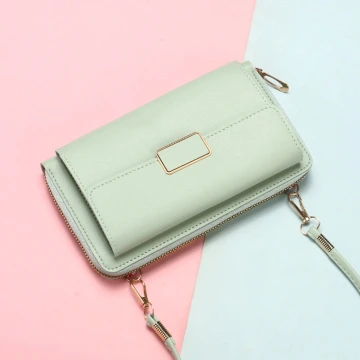雙層口袋皮革&times;可斜背&times;手機拉鍊長皮夾&times;綠色