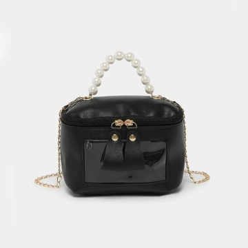 珍珠提把透明小窗晒娃立體包×斜背包×黑色