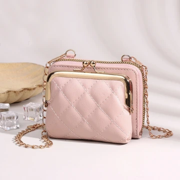 菱格紋口金包&times;可斜背&times;雙層可拆&times;拉鍊短皮夾&times;粉紅