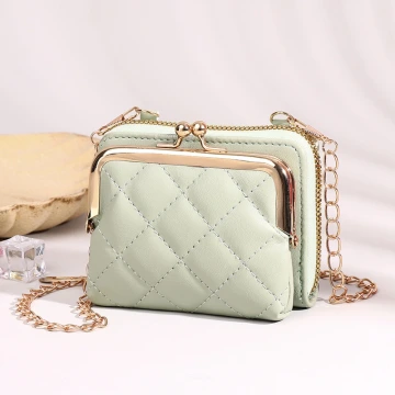 菱格紋口金包&times;可斜背&times;雙層可拆&times;拉鍊短皮夾&times;綠色