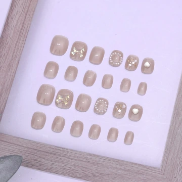 透粉珍珠蝴蝶結亮面×穿戴式手指甲片×二十四入