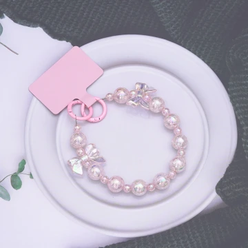 糖果紙彩珠蝴蝶結×手機腕帶掛繩×粉紅