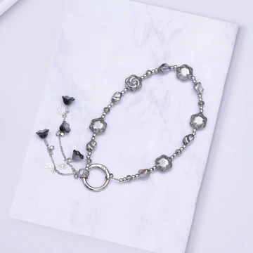 晶透玫瑰花流蘇×手機腕帶掛繩×黑色