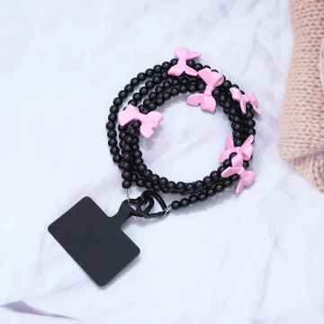 黑珠桃粉蝴蝶結&times;手機斜背雙勾掛繩