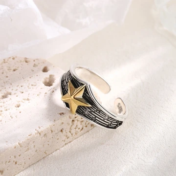 美式&times;復古&times;網紋&times;五角金星&times;開口戒指