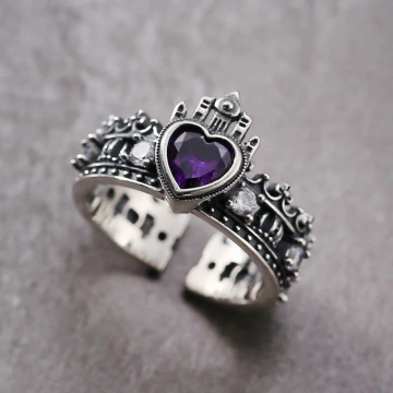 美式×復古×紫色鋯石×愛心皇冠×開口戒指