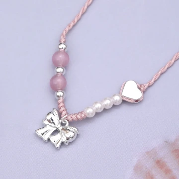 蝴蝶結愛心珠珠&times;拉繩項鍊&times;粉紅