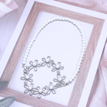 銀色珍珠雛菊×飲料杯繩×珍珠提把