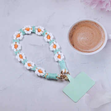 小花朵編織&times;手機腕帶掛繩&times;綠白